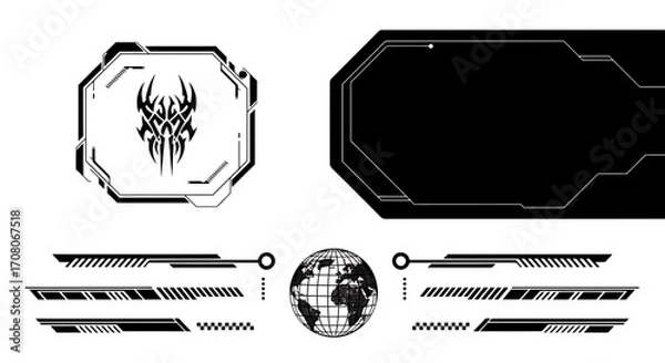 Fototapeta Futuristic hud elements and tribal tattoo design, featuring a globe, abstract shapes, and digital interface elements for technology and gaming concepts
