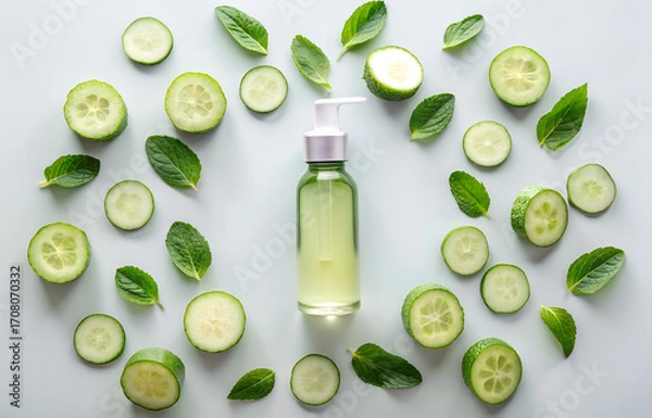 Fototapeta Refreshing cucumber and mint skincare serum surrounded by sliced cucumbers and mint leaves