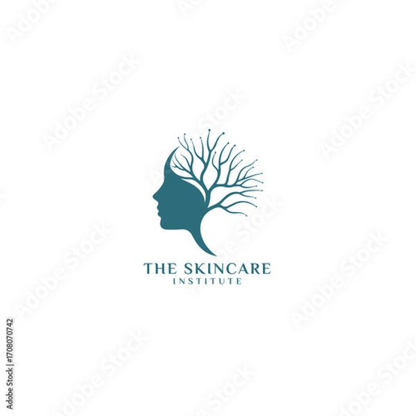 Fototapeta Minimalist Skincare Logo – Face Silhouette with Tree Branches for Beauty, Spa and Wellness Branding