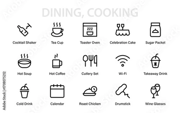 Fototapeta Dining, Cooking Professional Line Icon Pack, Modern Outline Vector Collection of Chef, Meal, Beverage, and Culinary Symbol Graphics