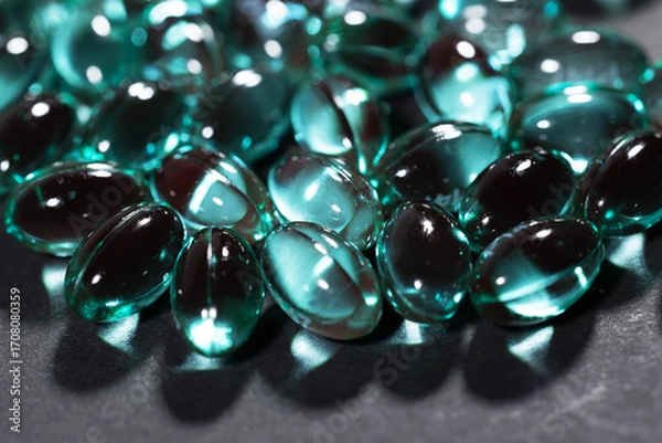 Fototapeta Pile of blue color soft gel capsule isolated on dark background