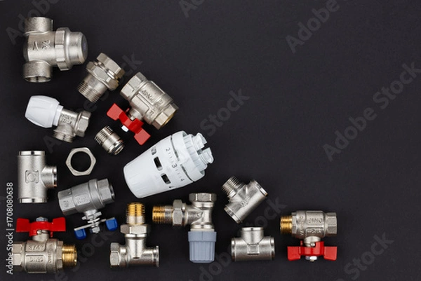 Fototapeta water ball valve with connecting fitting, on dark background