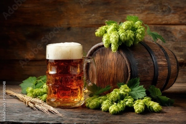 Fototapeta Beer. Still life with Vintage beer barrel and glass light beer. Fresh amber beer concept. Green hop and gold barley on wooden table. Ingredients for brewery. Brewing traditions. MZ 