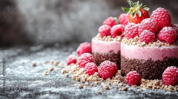 Fototapeta Two mini raspberry and chocolate desserts garnished with fresh raspberries and granola.