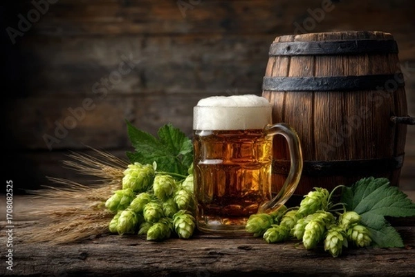 Fototapeta Beer. Still life with Vintage beer barrel and glass light beer. Fresh amber beer concept. Green hop and gold barley on wooden table. Ingredients for brewery. Brewing traditions. MZ 