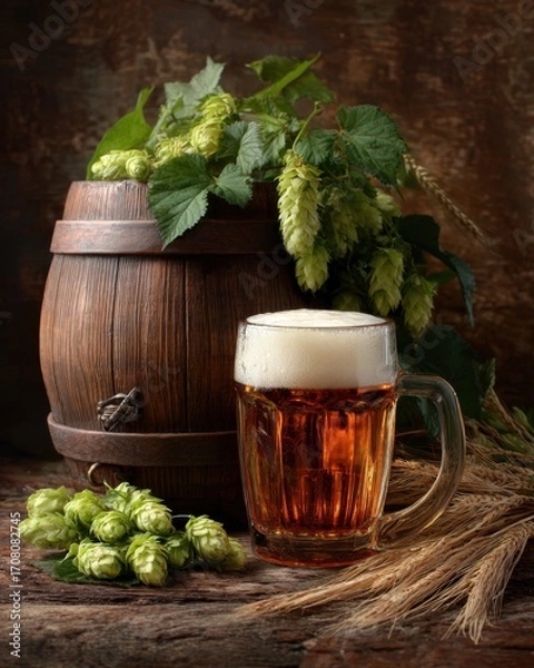Fototapeta Beer. Still life with Vintage beer barrel and glass light beer. Fresh amber beer concept. Green hop and gold barley on wooden table. Ingredients for brewery. Brewing traditions. MZ 