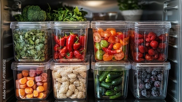 Fototapeta Organized refrigerator showcasing vibrant fruits and vegetables in clear containers for healthy meal prep and fresh ingredient storage in modern kitchen