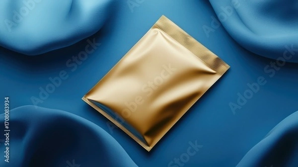 Fototapeta Elegant gold packaging mockup showcasing modern design, creative branding, and commercial appeal against a vibrant blue background