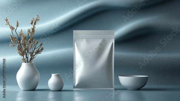 Fototapeta Modern minimalist packaging design featuring white product bag with elegant vases and floral decor against a smooth textured background