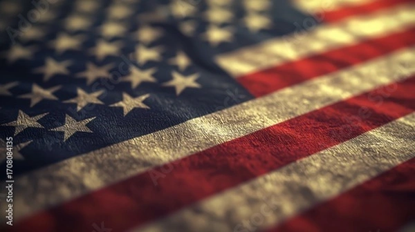 Fototapeta Close-up of American flag fabric showcasing vibrant red, white, and blue colors with stars and stripes symbolizing patriotism and national pride