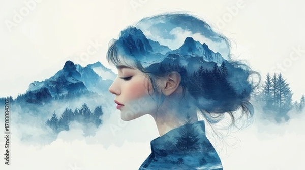 Fototapeta Serene artistic portrait of a woman with nature-inspired landscape featuring mountains and blue hues, embodying tranquility and creativity