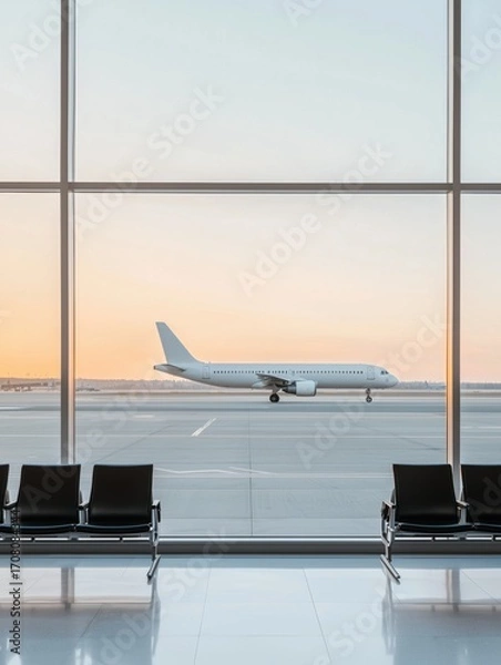 Obraz Empty airport terminal waiting area seats facing large window with sunset lit runway and taxiing airplane in background