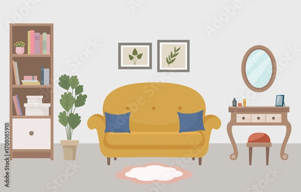 Fototapeta Stylish vector illustration of a cozy living room with a mustard sofa, dressing table with mirror, bookshelf, indoor plant and soft decor. Warm tones and minimalist Scandinavian design. Home design.  