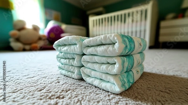 Fototapeta Two stacks of neatly folded baby diapers on a carpeted floor, with a crib and nursery in the background.