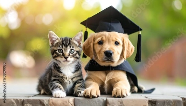 Obraz Cute pets wearing graduation caps