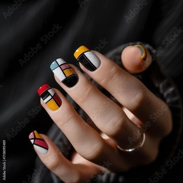 Fototapeta Modern geometric patterns on short square nails with bold contrasting colors, perfect for contemporary fashion visuals, art gallery promotion and creative industry concept. Nail art and design.