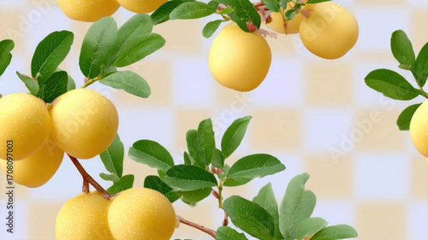 Fototapeta Seamless fruit, Bright yellow lemons surrounded by vibrant green leaves on a soft checkered background.