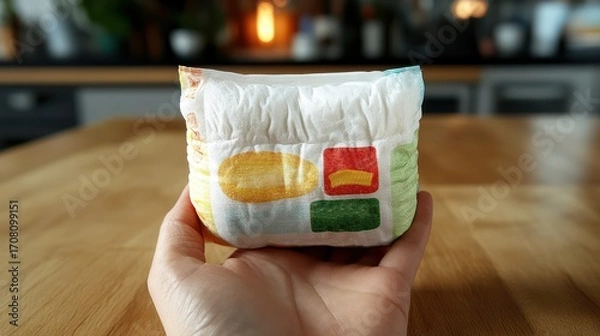 Fototapeta A hand holds a folded baby diaper on a wooden table in a kitchen.