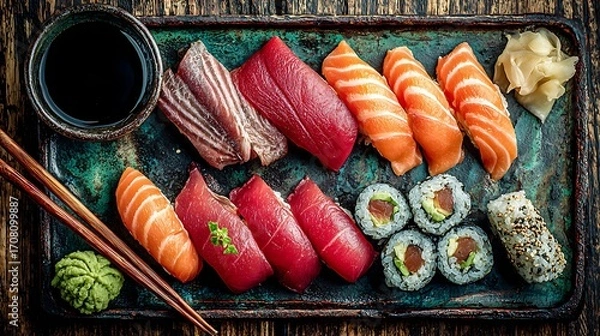 Fototapeta A vibrant sushi platter featuring a variety of fresh fish, including tuna and salmon, along with sushi rolls.
