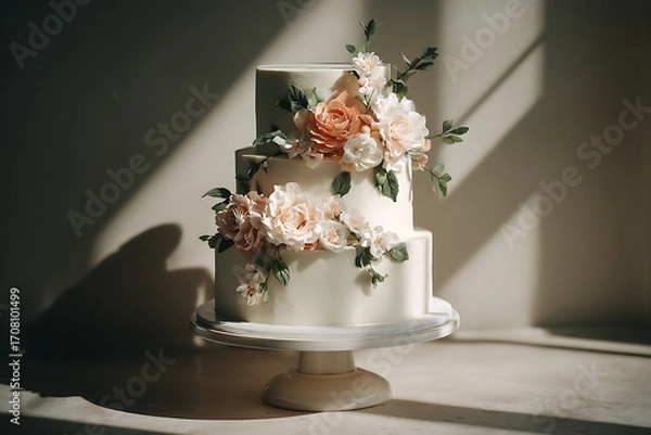 Obraz A beautiful wedding cake adorned with delicate flowers, perfect for a special occasion.