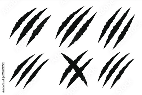 Fototapeta Claw scratch marks set. Vector silhouette of tiger, bear, or monster slashes. Ripped, torn, and damaged effect for horror or Halloween design. Black on white illustration.