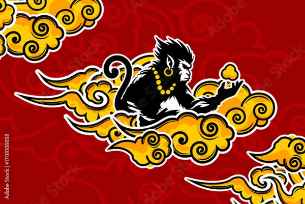 Fototapeta background template design for T-shirts, sports, racing, batik clouds, clouds, red with yellow clouds, Sun Wukong, the monkey king, the story of Chinese mythological warriors, eps 10