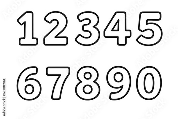 Fototapeta Set of simple outline cartoon numbers for educational purposes and design. Black and white vector digits from 0 to 9 for kids coloring book pages or learning materials.