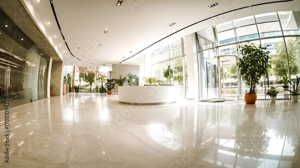 Fototapeta A spacious, modern lobby with glass windows and a sleek design, perfect for corporate or commercial use.