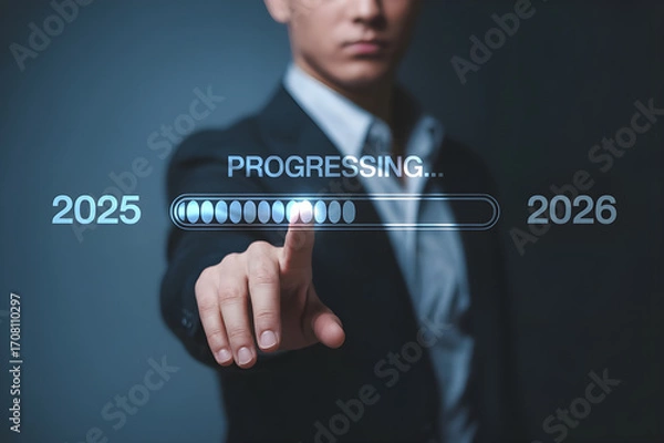 Fototapeta Futuristic Progress Bar Concept Showing Transition from 2025 to 2026 with Digital Interaction