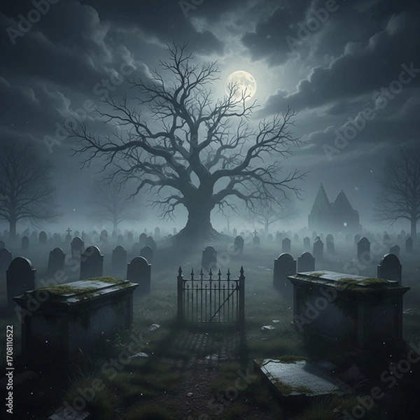 Fototapeta Full Moon over Foggy Graveyard with Bare Tree