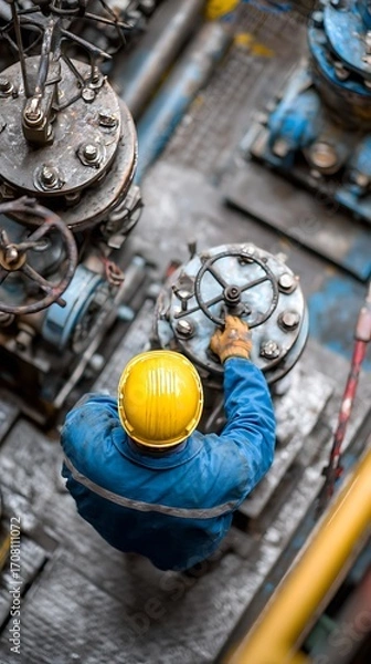 Fototapeta A skilled industrial worker operates machinery in a factory setting.