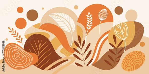 Fototapeta Abstract botanical vector illustration with earthy tones featuring decorative leaves and organic shapes promoting natural warmth and modern aesthetic design with autumnal feel