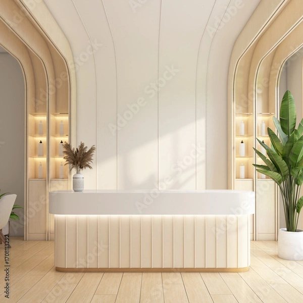 Obraz Minimalist reception area with display shelf and white wall, indoor plant and wooden floor. 3d rendering