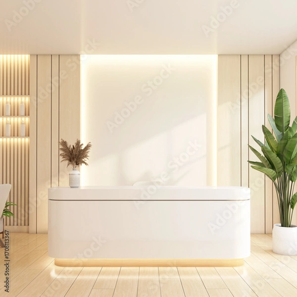 Obraz Minimalist reception area with display shelf and white wall, indoor plant and wooden floor. 3d rendering