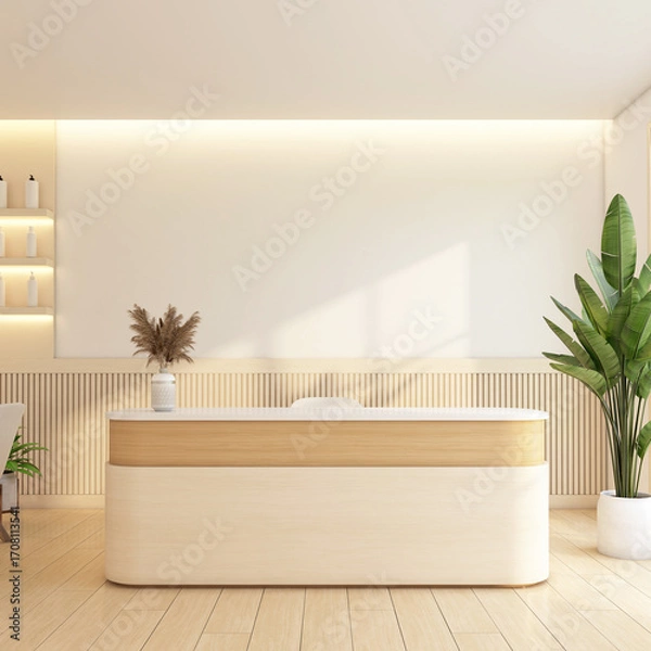 Obraz Minimalist reception area with display shelf and white wall, indoor plant and wooden floor. 3d rendering
