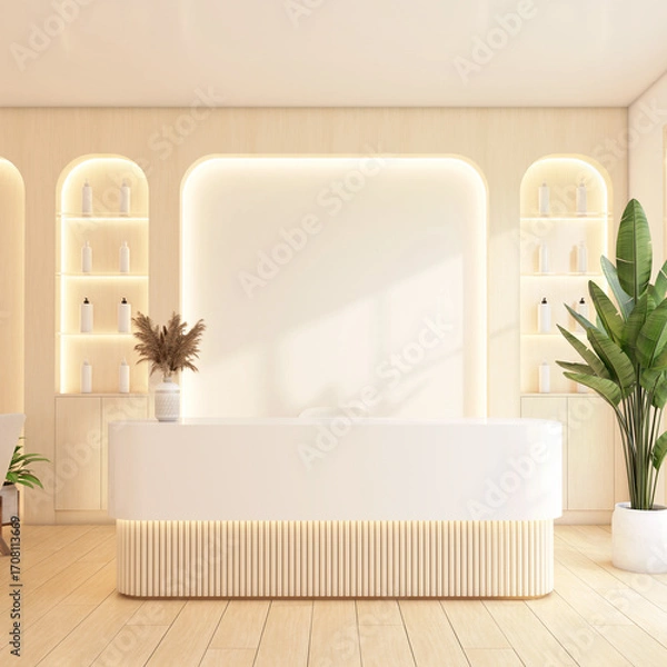 Obraz Minimalist reception area with display shelf and white wall, indoor plant and wooden floor. 3d rendering
