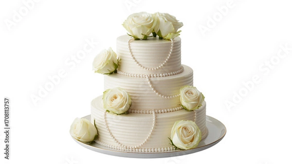 Obraz Elegant three tier wedding cake decorated with white roses and pearl strands on a plate on transparent background