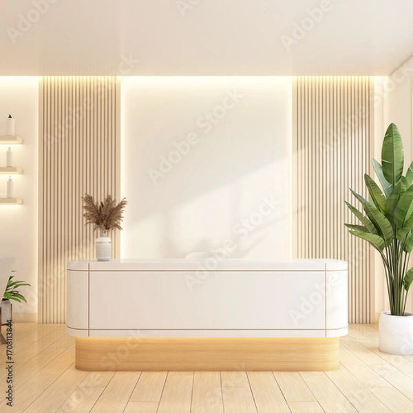 Obraz Minimalist reception area with display shelf and white wall, indoor plant and wooden floor. 3d rendering