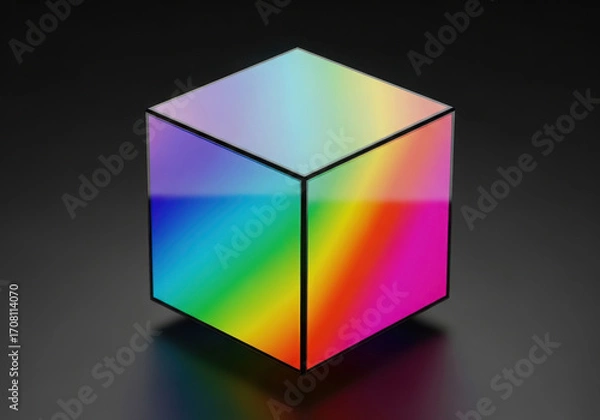 Fototapeta Geometric cube reflecting vibrant rainbow colors on dark background