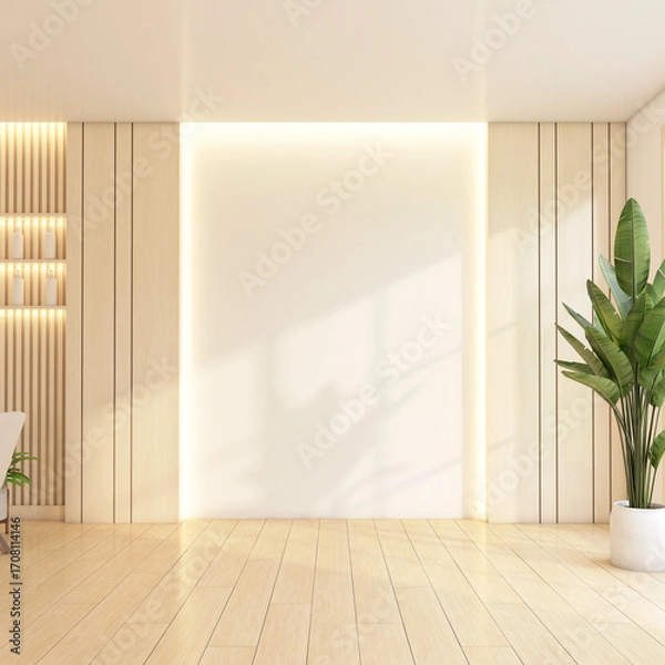 Obraz Minimalist empty area with display shelf and white wall, indoor plant and wooden floor. 3d rendering