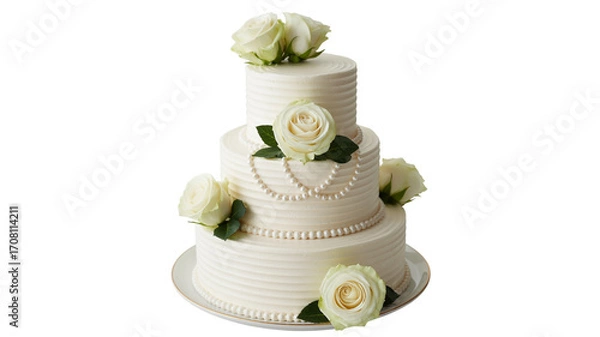 Obraz Elegant three tier wedding cake decorated with white roses and pearl strands on white on transparent background
