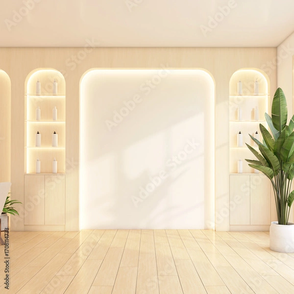 Obraz Minimalist empty area with display shelf and white wall, indoor plant and wooden floor. 3d rendering