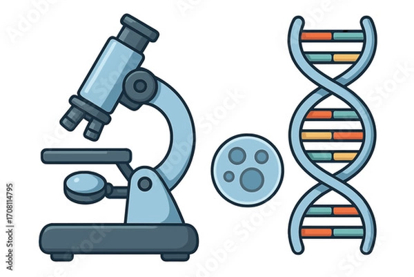 Fototapeta Science research concept with microscope, DNA double helix and cells in petri dish. Molecular biology, genetics, and biotechnology laboratory analysis. Genetic engineering study.