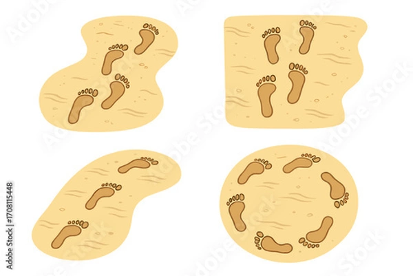 Fototapeta Footprints in sand vector set. Path of foot steps on a beach. Concept for a journey, travel, walking, direction, and movement. Cartoon footstep trail illustration collection.
