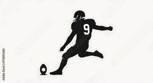 Obraz Black silhouette of an American football player, number 9, in the motion of kicking a football off a tee.