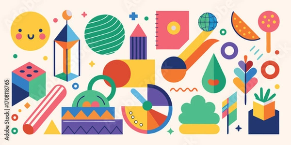 Fototapeta Geometric abstract composition playful flat design bright colors modern artwork featuring sun watermelon globe shapes and various other colorful elements