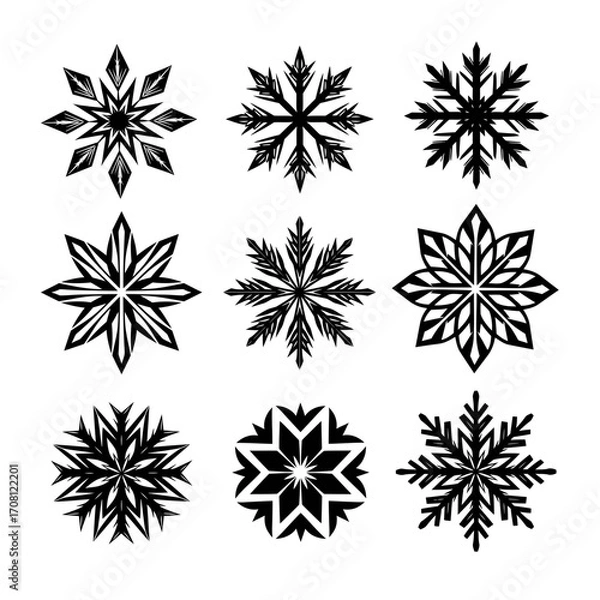 Fototapeta Vector art of collection of nine bold snowflake designs in black and white, each with a distinct and striking pattern