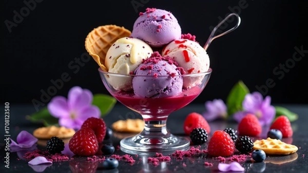 Fototapeta Colorful Ice Cream Sundae With Berries