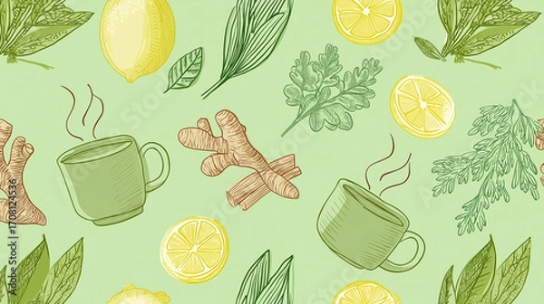 Fototapeta Herbal tea cup with lemon slice, ginger root, and leafy herbs seamless pattern design in soft green and yellow tones, creating fresh and calming natural background