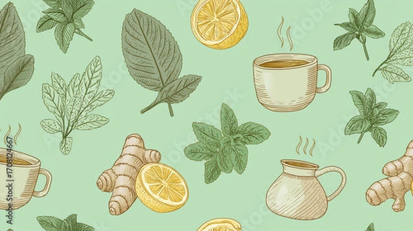 Fototapeta Herbal tea pattern with steaming cup, lemon slice, ginger root, and fresh green leaves on soft green background, creating warm and natural seamless design